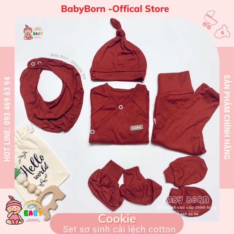 Set sơ sinh cài lệch Cookie chất cotton tăm mềm mát kèm phụ kiện mũ, yếm, bao tay chân mềm mại cho bé