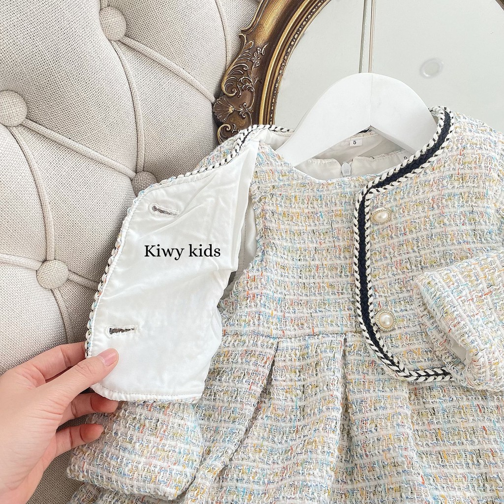 Set đồ thu đông bé gái Kiwy Kids chất liệu tweed sành điệu Kids61 gồm váy liền và áo khoác cho bé 1 đến 3 tuổi