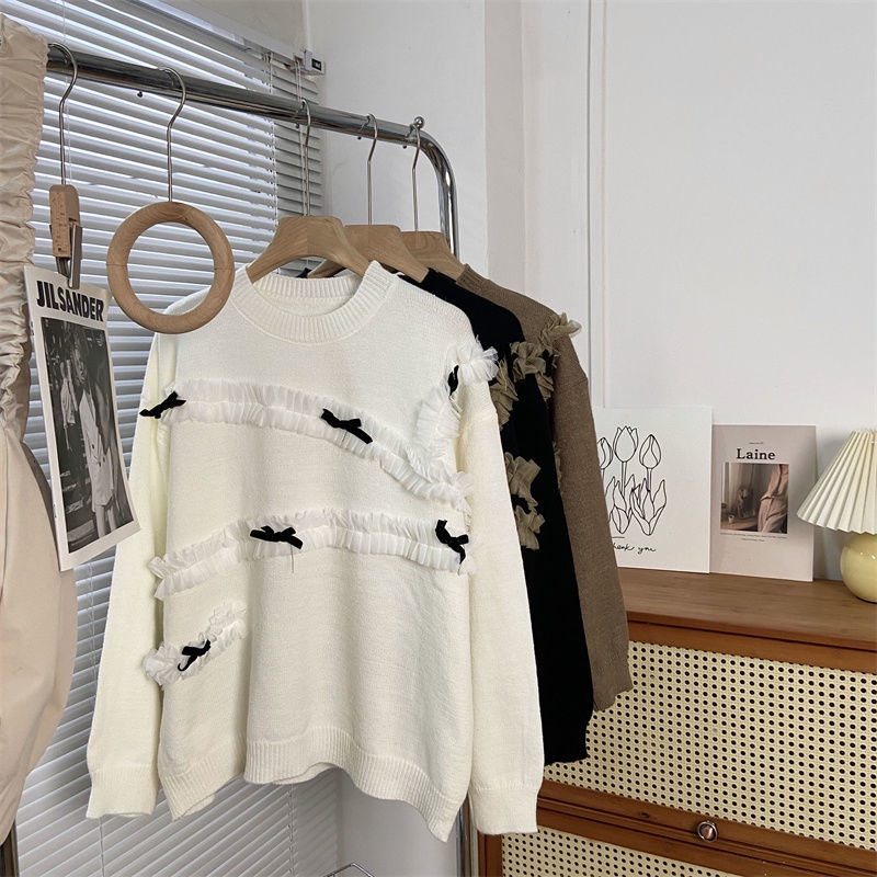 Áo sweater Dệt Kim Ngắn Cổ Tròn Dáng Rộng Phối Nơ Ren Thời Trang Thu Đông Phong Cách Phương Tây Mới Cho Nữ