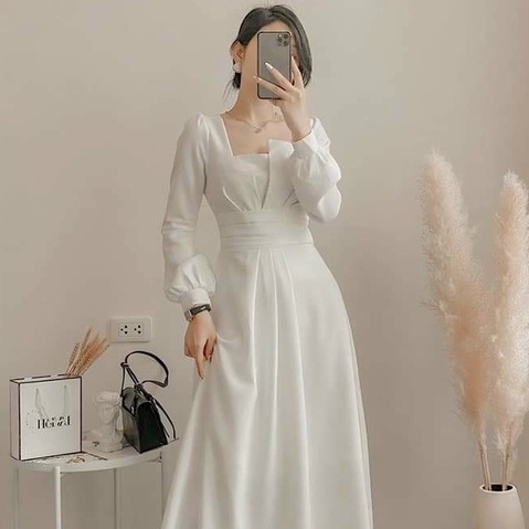 Váy nữ cổ vuông thiết kế tay phồng dáng dài, Đầm thời trang công sở cao cấp dự tiệc sang trọng V125