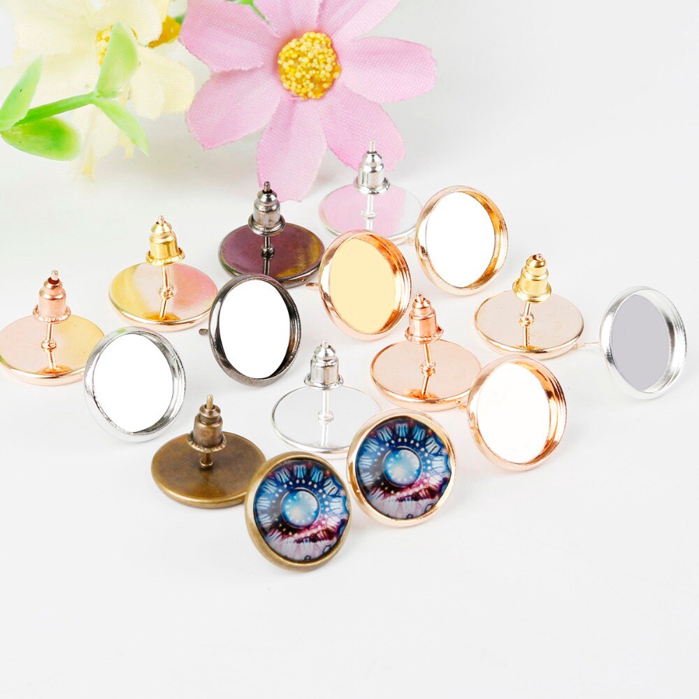 Bộ 50 khung khuyên tai / nút tròn trơn 14mm / kích thước đế 12mm mặt kính màu vàng / bạc / đồng