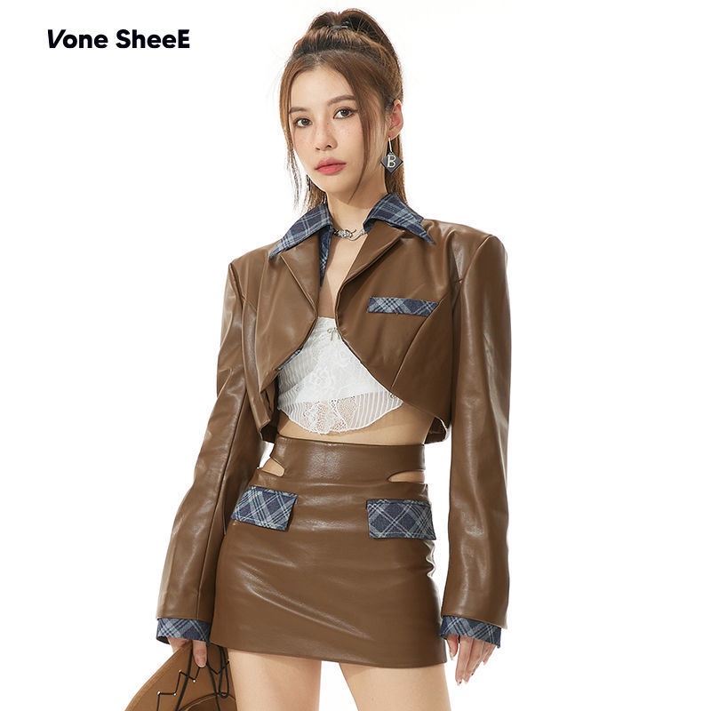 Set Áo Khoác Da Tay Dài Phối Chân Váy Ôm Hông Thời Trang Mùa Thu Mới