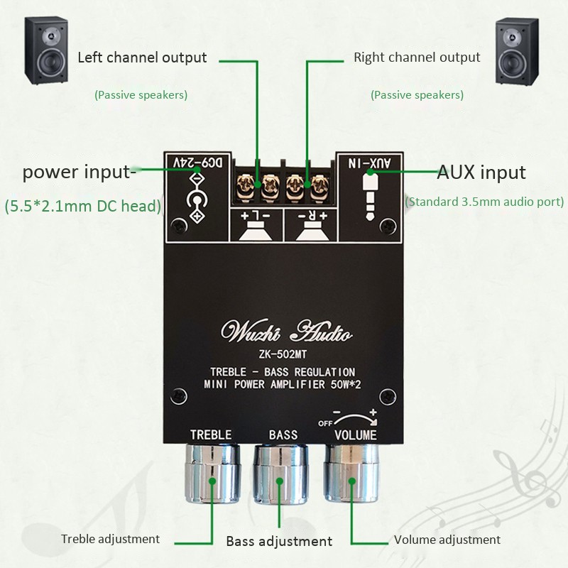 ZK-502MT Bluetooth 5.0 Subwoofer Amplifier Board 2.0 Channel High Power Audio Stereo Amplifier Board 2X50W Bass AMP