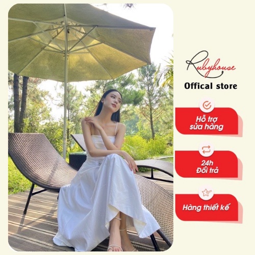 Váy hai dây trắng dáng xòe nơ cườm cao cấp Ruby House