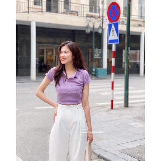Polo croptop trơn cổ bẻ - ảnh thật