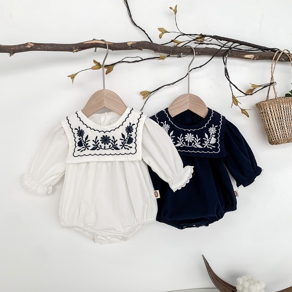 Áo liền quần cotton tay dài màu trắng/ navy họa tiết thêu cho bé gái 0-24 tháng tuổi