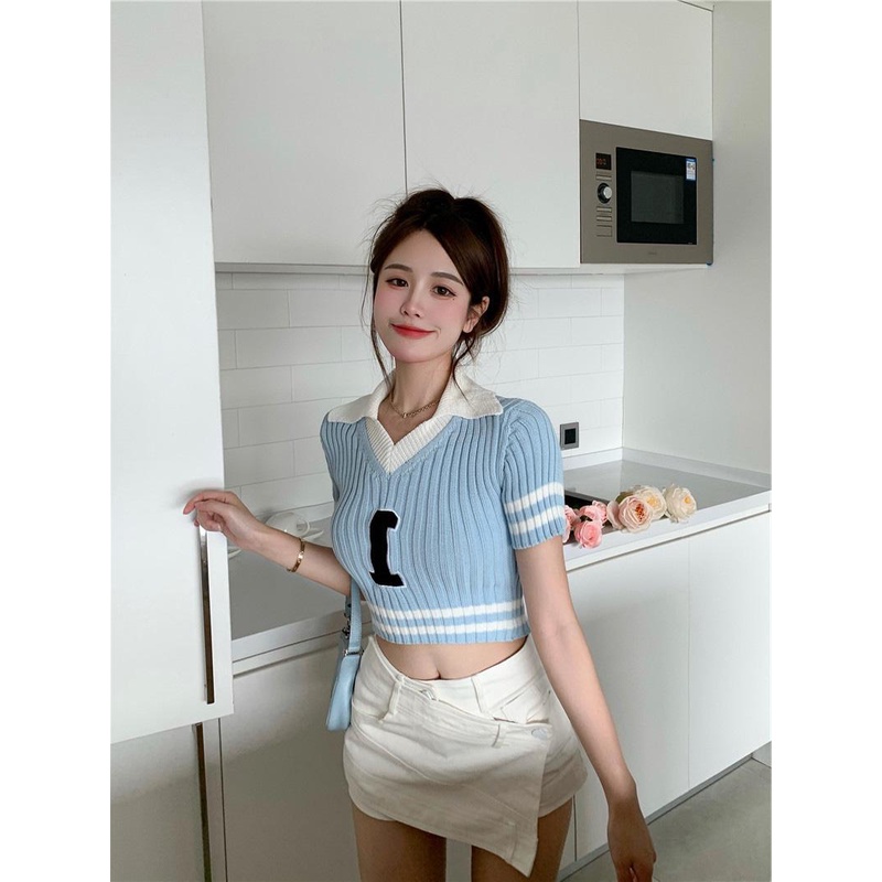 Áo Thun Len Nữ Polo In Số 1 Croptop Tay Ngắn Dáng Ôm Body Cổ Sơ Mi