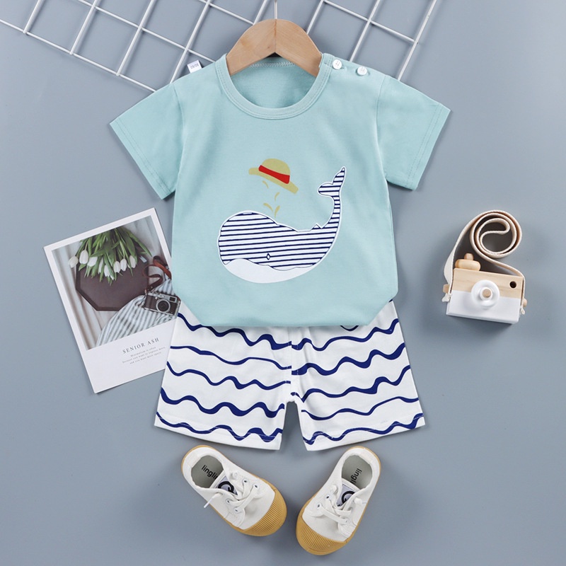 Bộ cotton sợi tre bé trai gái cộc ngắn tay thoáng mát phong cách hàn quốc