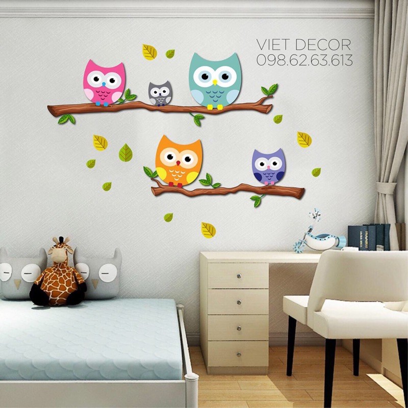 TRANH DECOR Dán tường Trang trí Nhà cửa – Bộ tranh Dán tường Gia đình Cú mèo -  Fomex Dày dặn, Có sẵn băng keo đi kèm