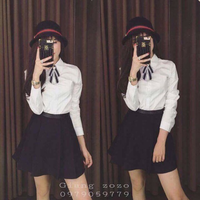 Áo sơ mi trắng phối đính nơ cổ