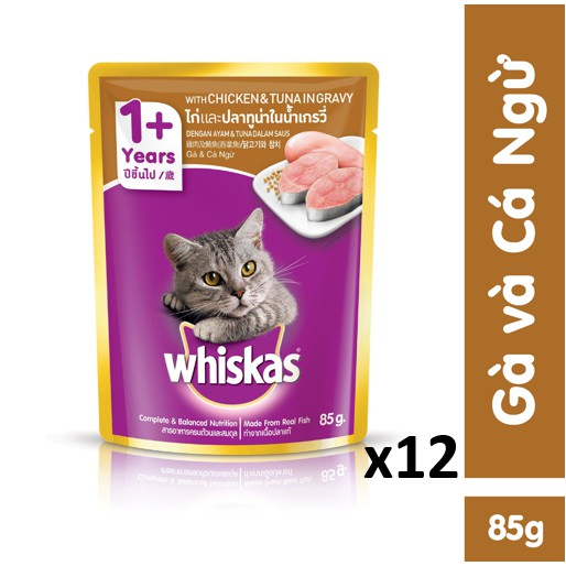Bộ 12 túi thức ăn cho mèo Whiskas vị gà &amp; cá ngừ 85g