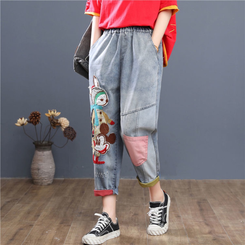 Quần Denim Lưng Cao Dáng Rộng Thêu Họa Tiết Hoạt Hình Xinh Xắn Có Size Lớn Dành Cho Nữ