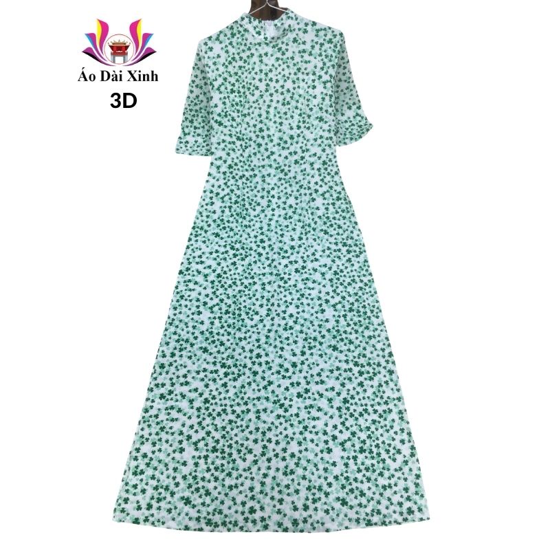 Áo dài truyền thống in 3D cổ 2cm tay lỡ họa tiết cỏ 3 lá xanh