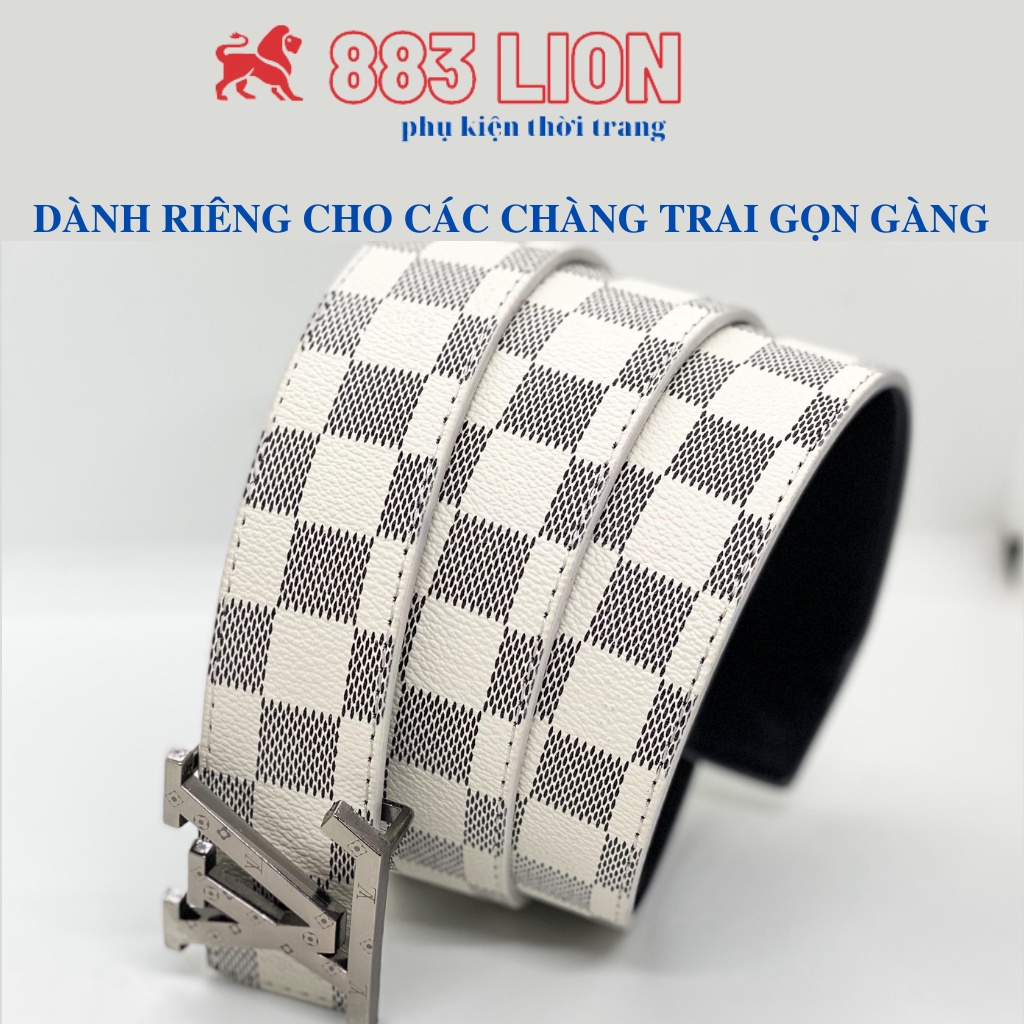 Thắt Lưng Nam LV Kẻ Caro Đen Trắng Mặt LV Bạc Có Chữ Hàng Cao Cấp Dây Da Mềm Tổng Hợp