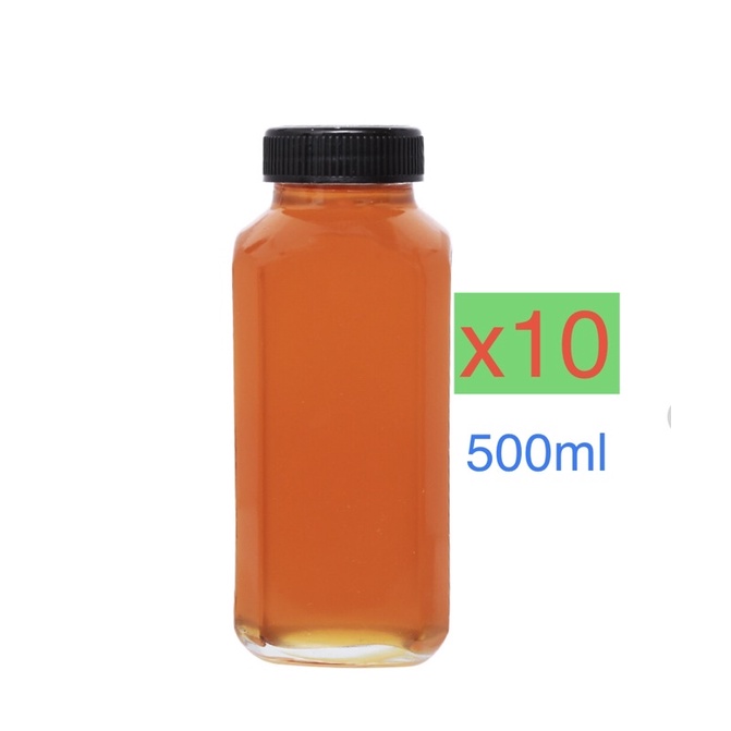 Combo 10 chai Thuỷ tinh vuông nắp nhựa đen 500ml đựng mật ong nước detox