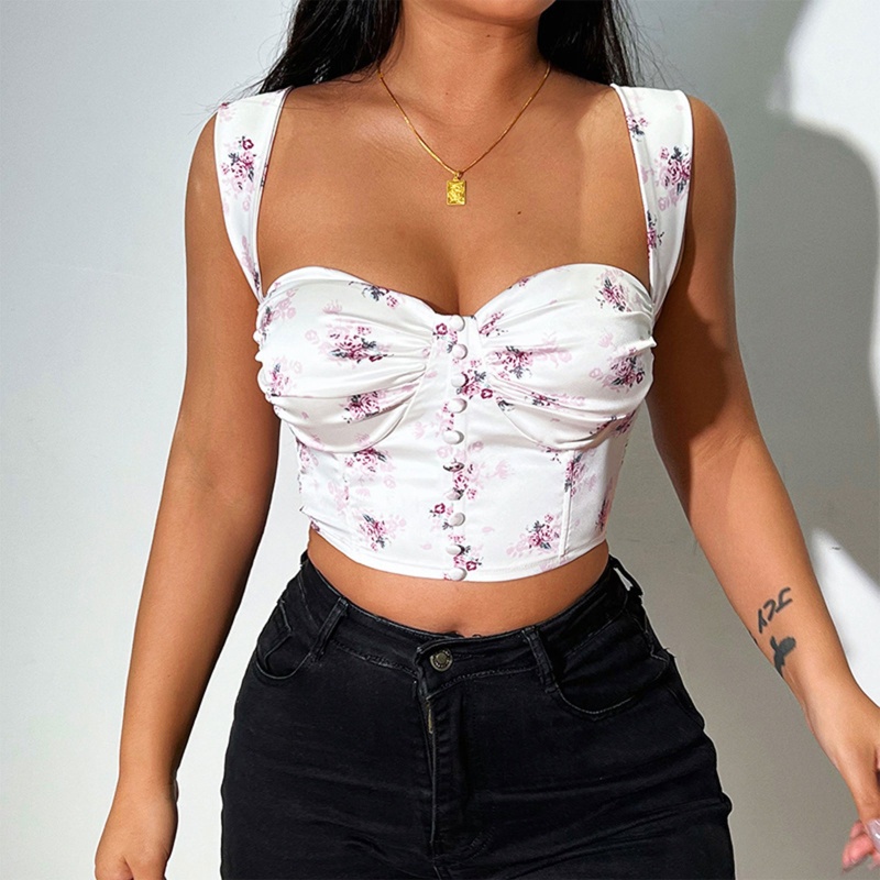 Brroa Áo Croptop Không Tay Cổ Vuông Bằng Satin In Họa Tiết Hoa Có Đệm Nâng Ngực Cổ Điển Có Nút Gợi Cảm