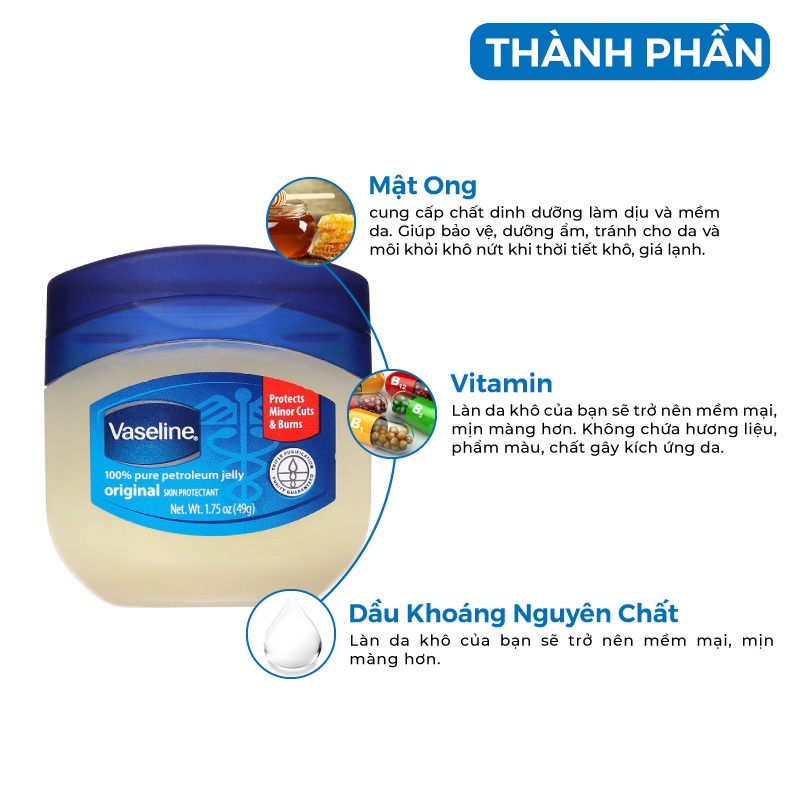 Sáp dưỡng ẩm Vaseline 100% Pure Petroleum Jelly Original Mỹ 49g