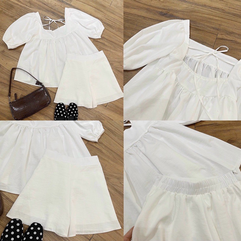 Set đồ màu trắng gồm áo babydoll trắng kèm quần form chuẩn không kén dáng Sun Fashion