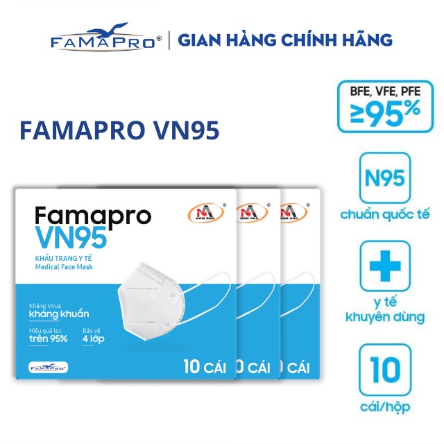 [HỘP10 CÁIMÀU TRẮNG] COMBO 3 HỘP Khẩu trang y tế kháng khuẩn 4 lớp Famapro VN95