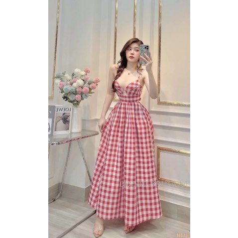 Đầm maxi caro hai dây khoét ngực thắt nơ lưng có mút ngực