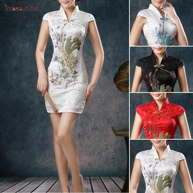 Đầm sườn xám ngắn tay đính sequin lấp lánh sang trọng dành cho nữ