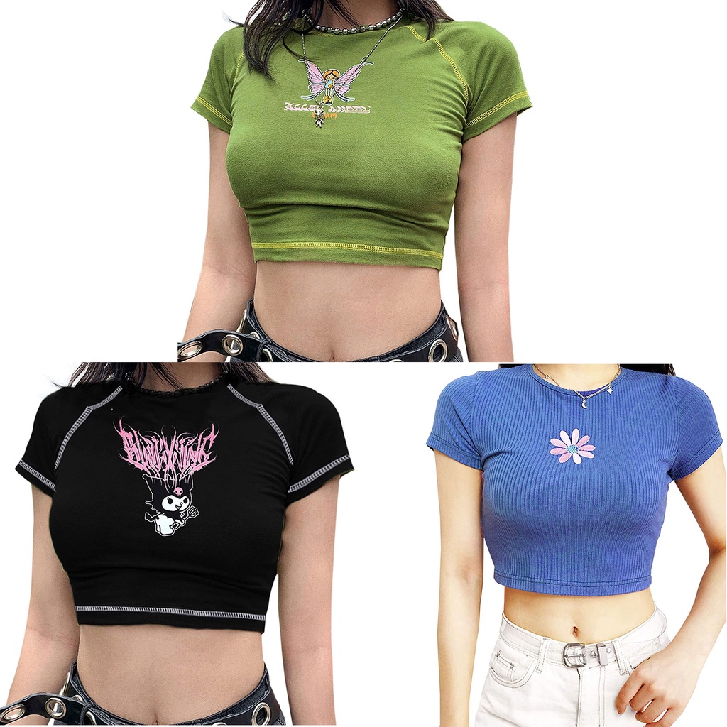Áo Croptop Tay Ngắn Hoạ Tiết In Phong Cách Harajuku