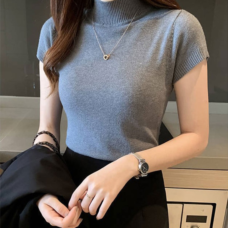 Áo Thun Dệt Kim Tay Ngắn Màu Trơn Cổ Lọ Dáng Ôm Thời Trang Mùa Hè Xinh Xắn Cho Nữ