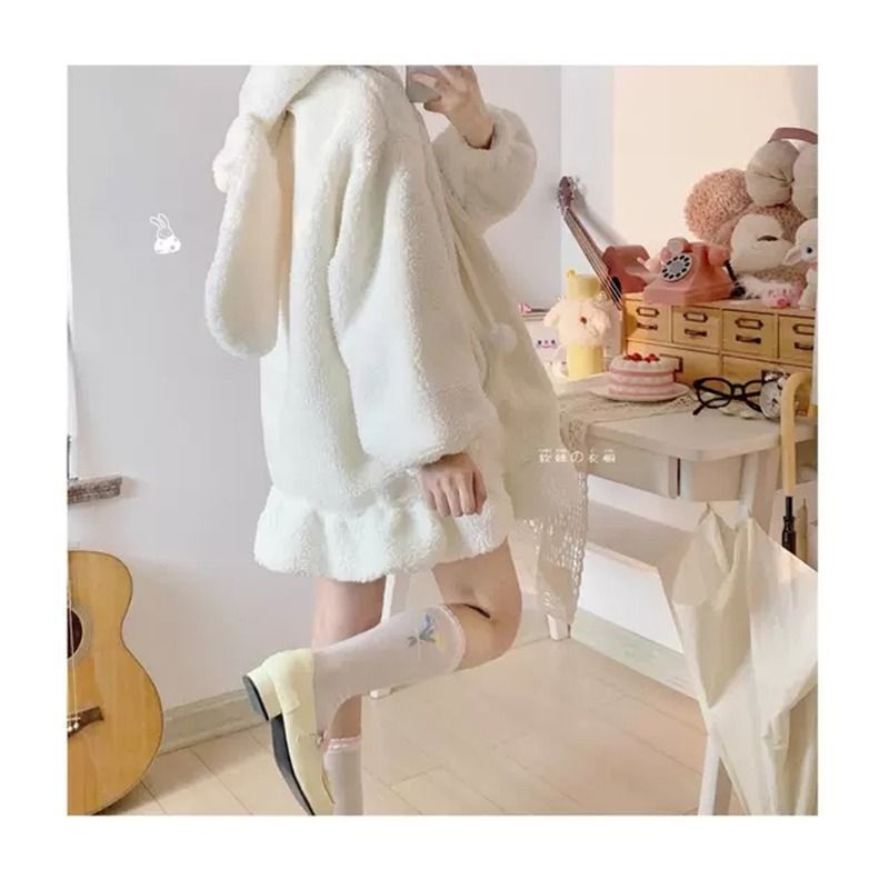 Áo Khoác Lông Cừu Tai Thỏ Dễ Thương Vui Nhộn Thời Trang Thu Đông Cho Nữ