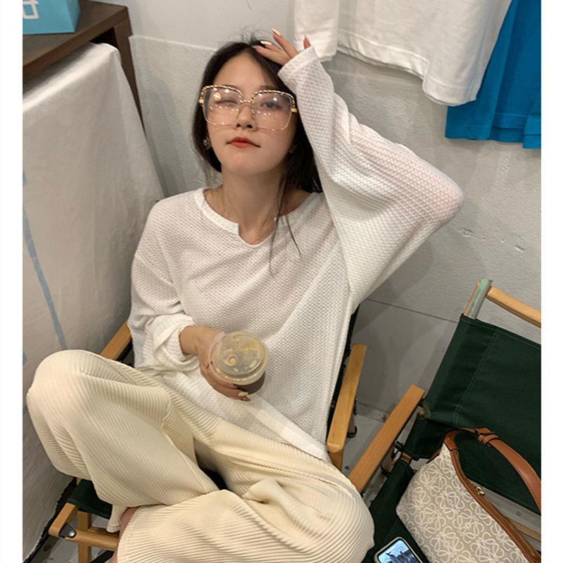 Áo Thun Tay Dài Dáng Rộng Màu Sắc Đơn Giản Cho Nữ