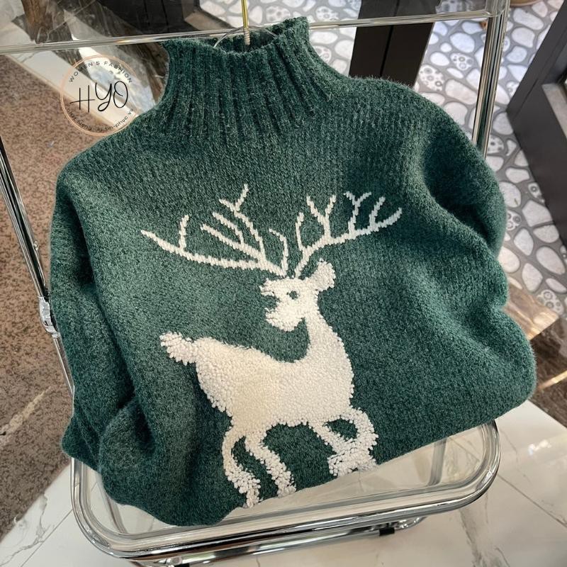 Áo len nữ dày lông cừu cổ cao giữ nhiệt họa tiết hươu trắng Quảng Châu HT-1 | BigBuy360 - bigbuy360.vn