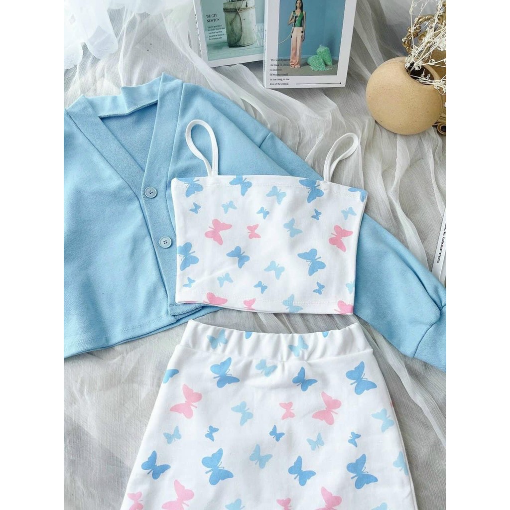 Set 3 món croptop kèm áo khoác, set áo 2 dây mix chân váy ngắn kèm áo cardigan AD56 | BigBuy360 - bigbuy360.vn