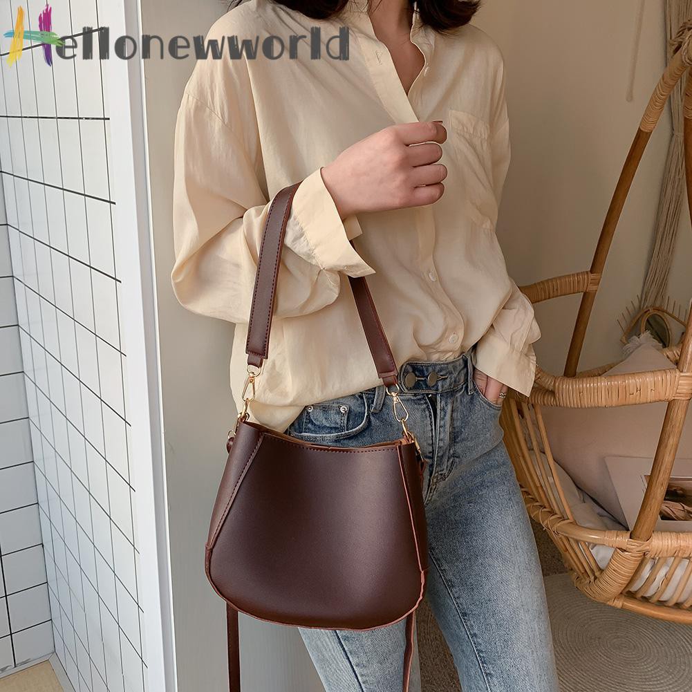 Hellonewworld Women Fashion Leather Shoulder Handbag Solid Color Messenger w/Clutch Bag 