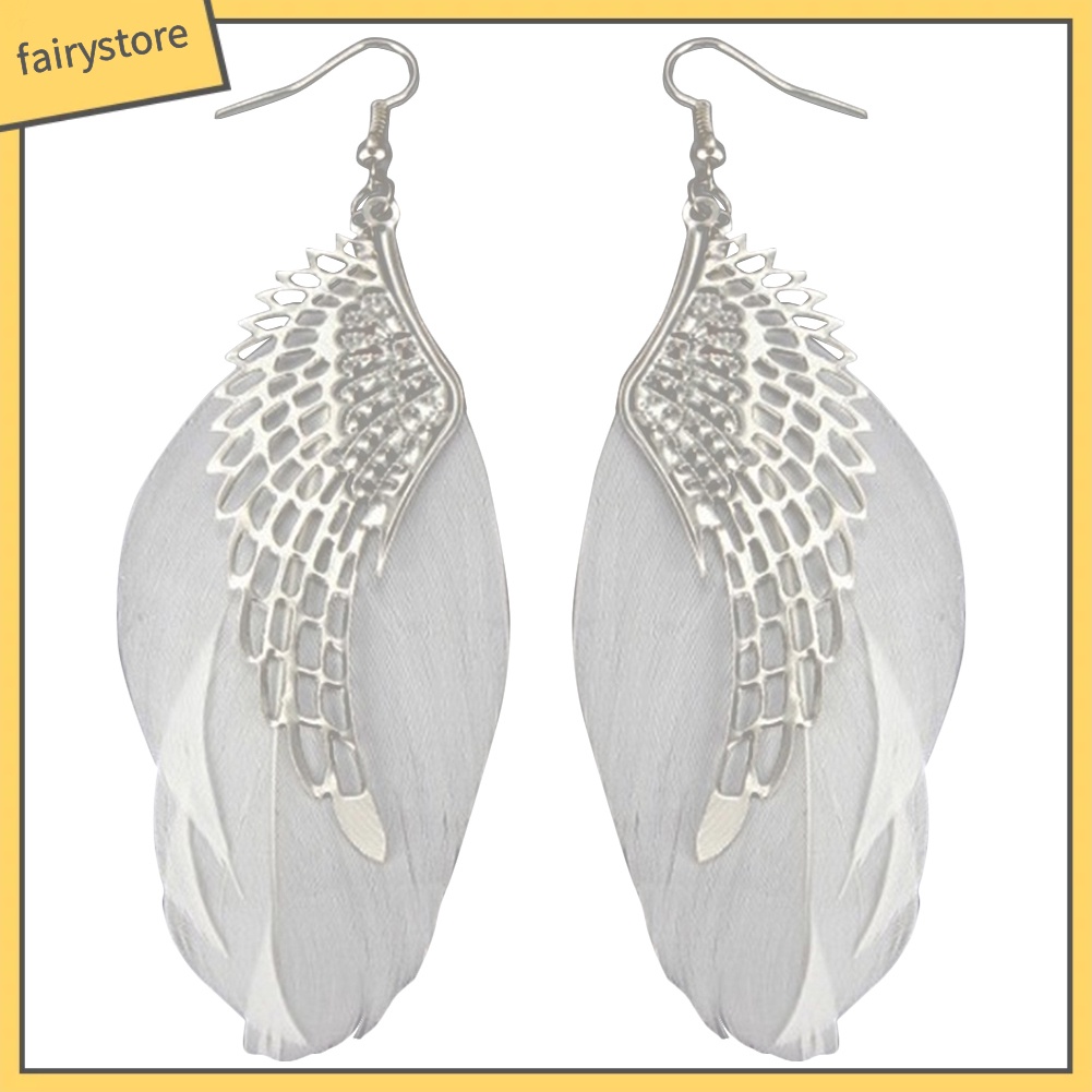Khuyên Tai Dáng Dài Hình Đôi Cánh Thiên Thần Phối Lông Vũ Thời Trang