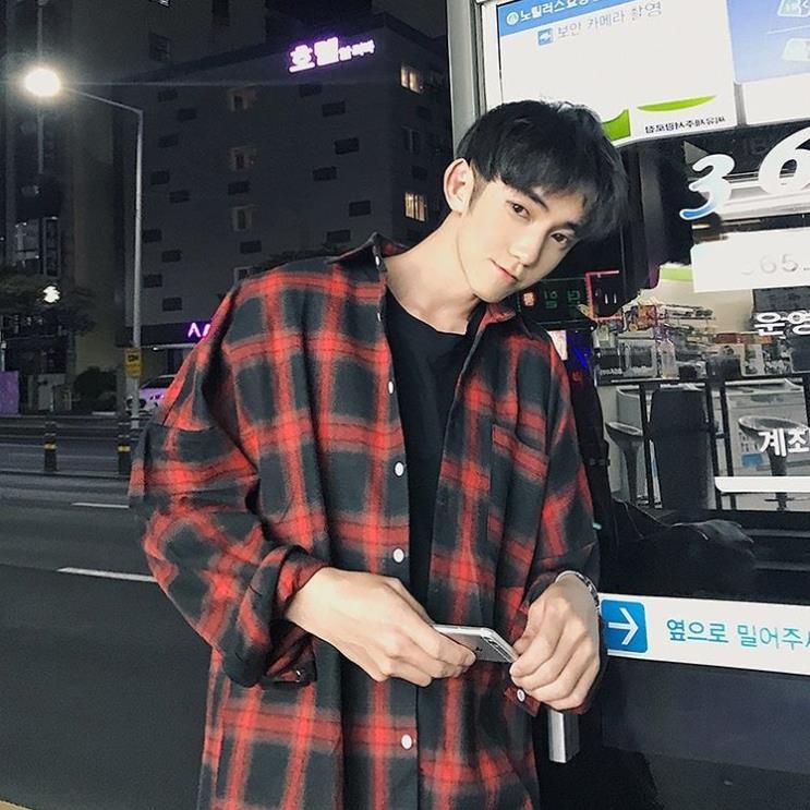 Áo sơ mi nam nữ form rộng sọc kẻ caro dài tay Unisex basic cotton kiểu màu xanh và đỏ