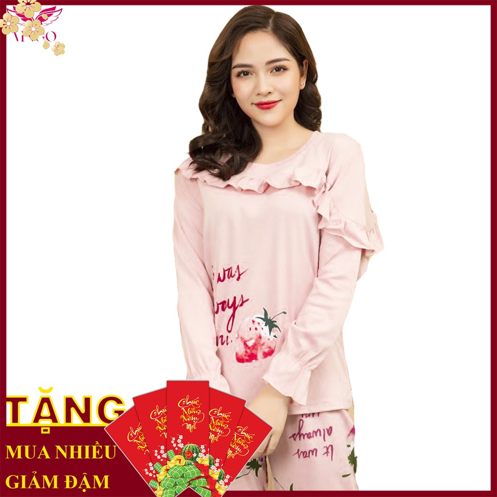 Bộ Đồ Mặc Nhà Pijama Cotton Dáng Dài Họa Tiết Phối Bèo Tay Xòe Hình Dâu H110 Từ VINGO VNGO