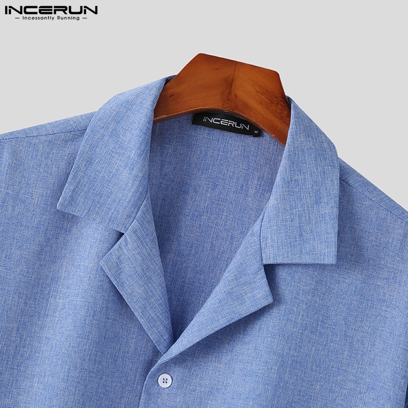 Áo sơ mi INCERUN tay ngắn màu trơn có nút cài thời trang cho nam