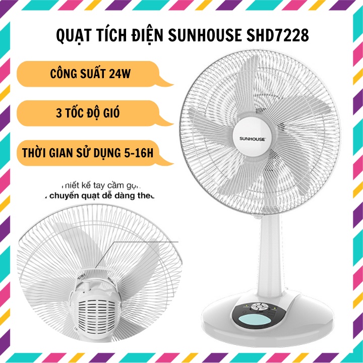 Quạt tích điện Sunhouse SHD7228 công suất 24w 3 tốc độ gió thời gian sử dụng 5-24h