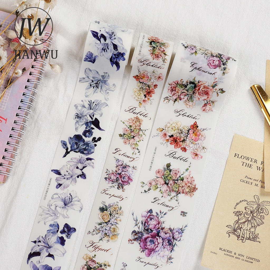 Cuộn Băng Keo Washi 300cm Họa Tiết Hoa / Lá Trang Trí Sổ Tay