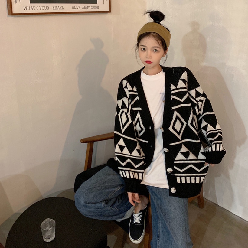 Áo khoác cardigan dệt kim dáng rộng họa tiết hình học phong cách phương Tây thời trang thu đông cho nữ