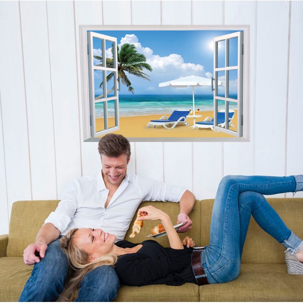Decal trang trí khung cửa sổ 3D Ghế tắm đôi ở bãi biển