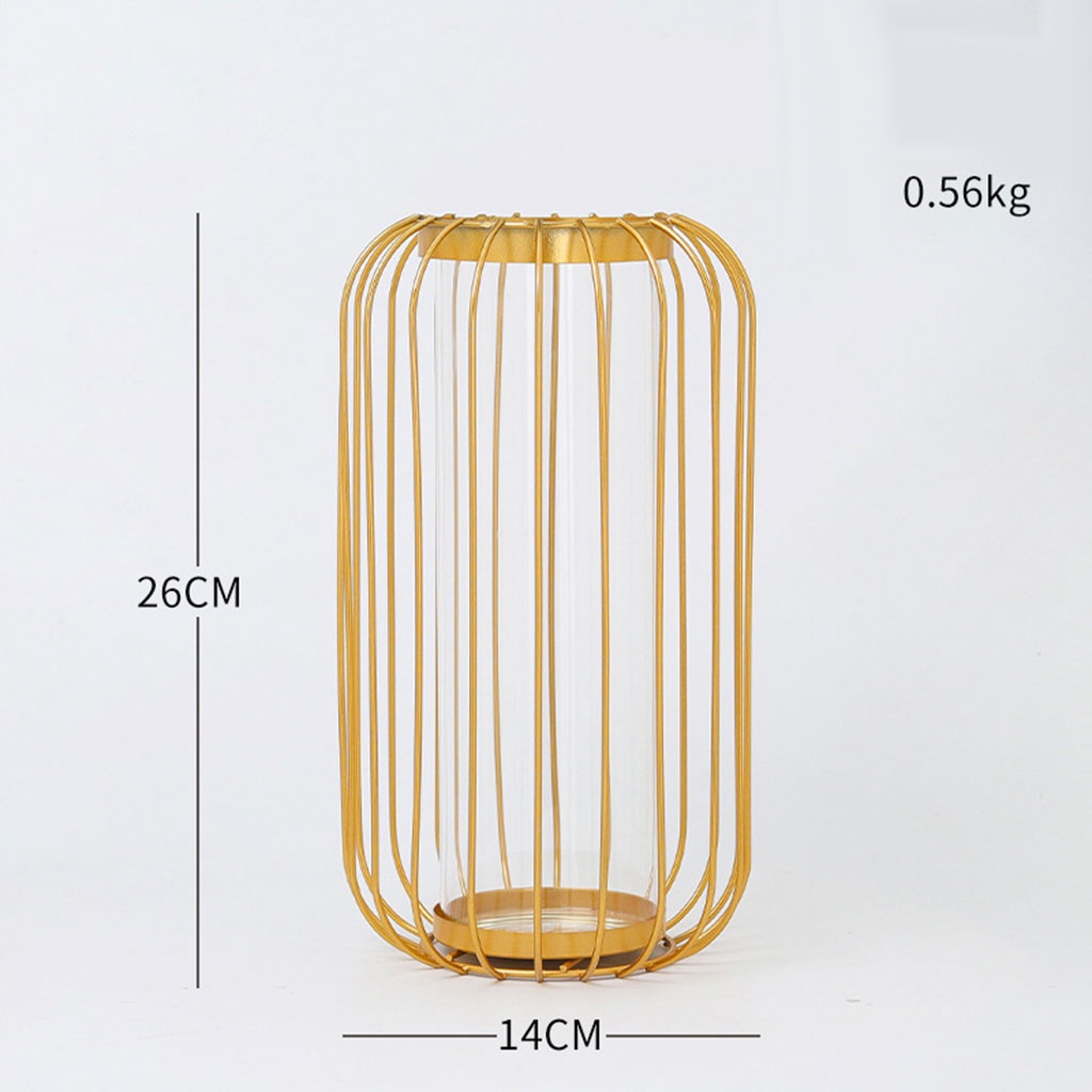 Bình hoa thủy tinh khung sắt màu vàng phong cách Bắc Âu dùng trang trí nhà cửa/văn phòng