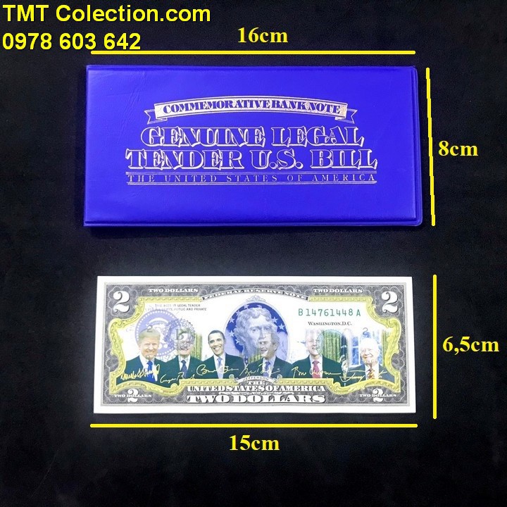 Tiền kỷ niệm 2USD in màu 6 tổng thống Mỹ, chất liệu Giấy cotton, mực phản quang, dùng để trưng bày, sưu tầm - SP005196