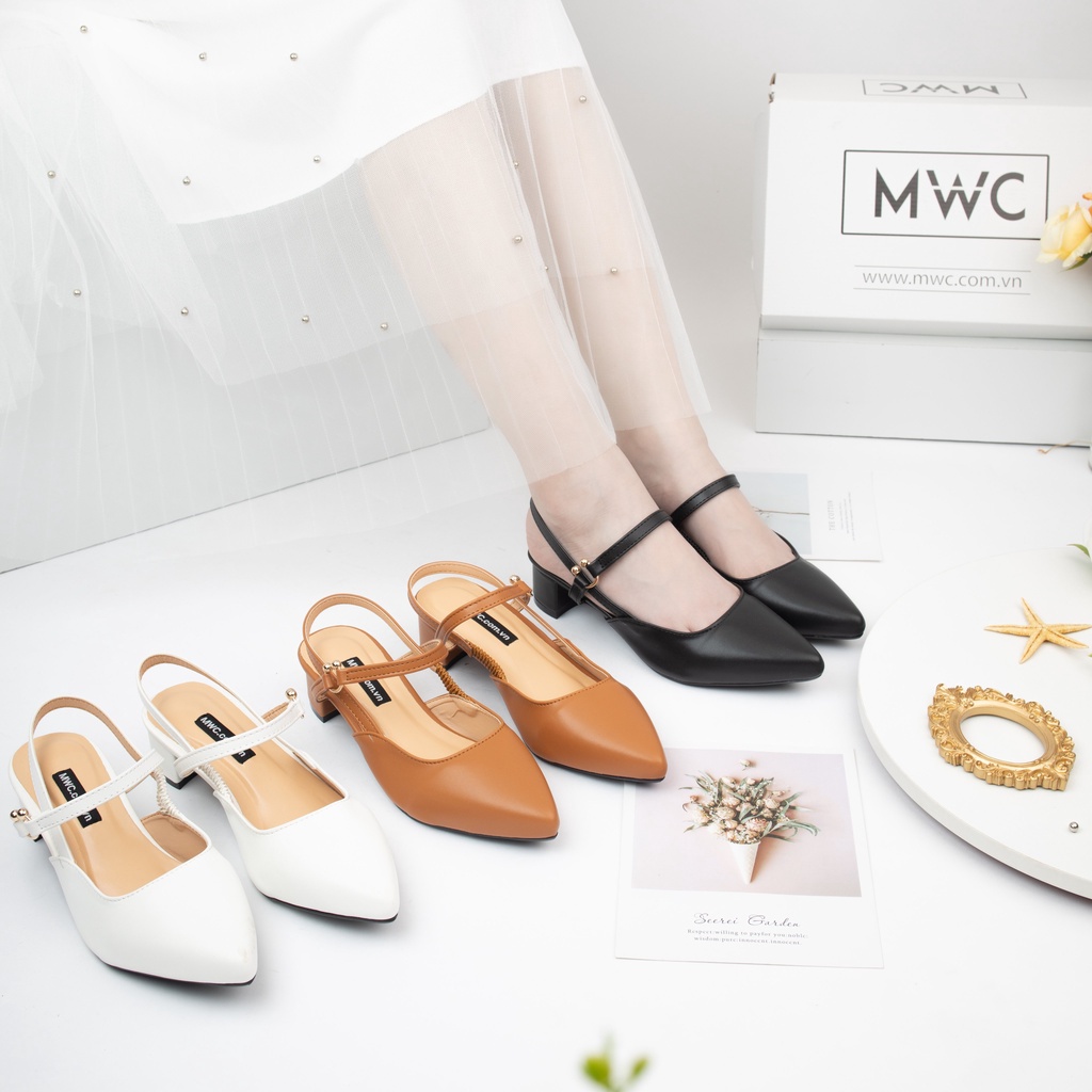 Giày MWC 3726 - Cao Gót Mũi Nhọn Đế Vuông 3cm Phối Khóa Tròn Đẹp