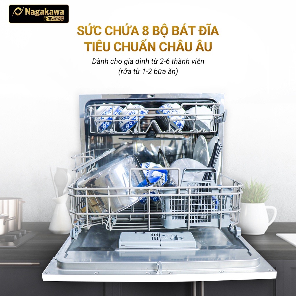 Máy rửa bát 8 bộ cao cấp Nagakawa NK8D61M- Bảo hành 2 năm - Made in Malaysia