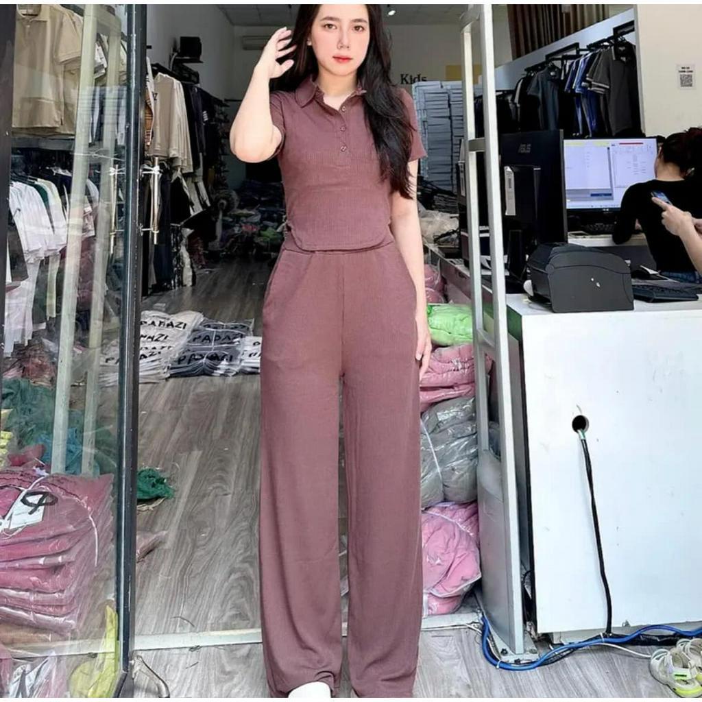 Đồ bộ nữ, set đồ bộ quần ống rộng đai cao có túi và áo croptop ôm lai bầu cổ sơ mi gài nút, bộ đồ mặc ở nhà nữ
