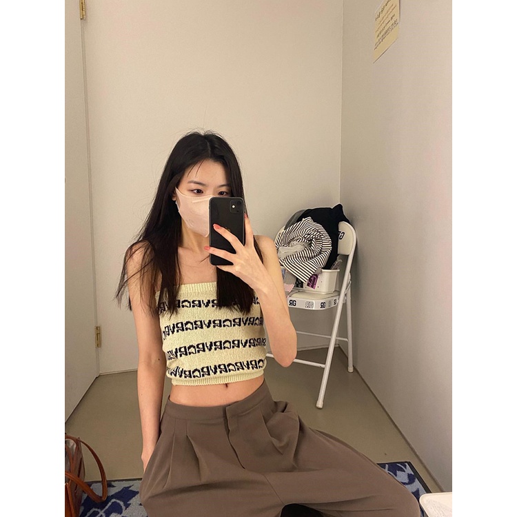 Porozi  Áo croptop ống  dệt kim in chữ thời trang Hàn Quốc cho nữ