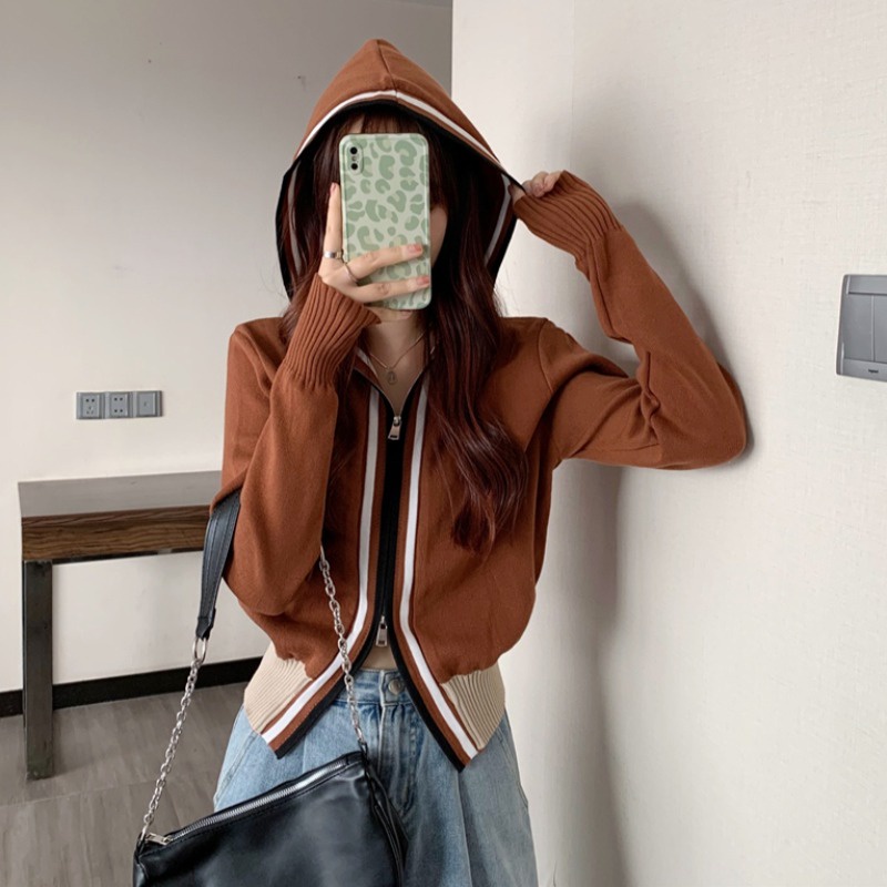 Áo khoác cardigan dệt kim tay dài kiểu khóa kéo đôi hợp thời trang cho nữ