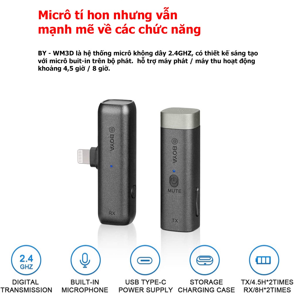 BOYA BY-WM3D Micro không dây dành cho thiết bị iOS(Iphone, ipad...),máy ảnh, PC,Laptop - Hàng chính hãng