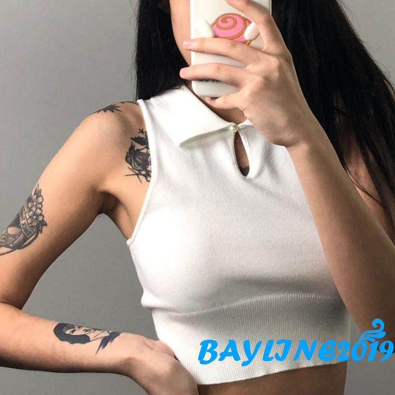 Áo Croptop Dệt Kim Sát Nách Cổ Bẻ Màu Trơn Thời Trang Mùa Hè Cho Nữ