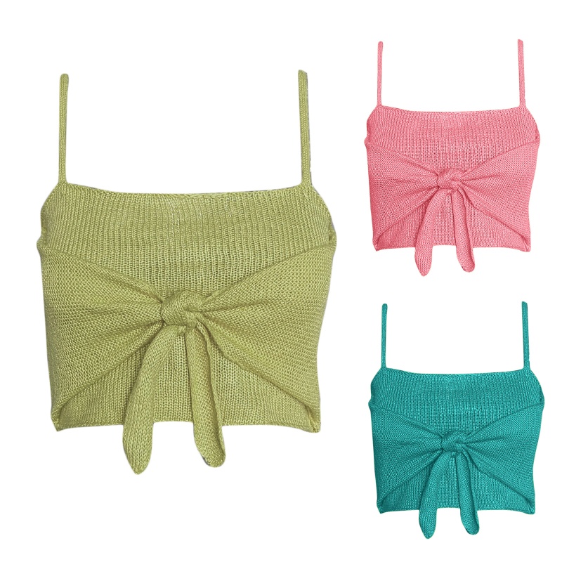 Áo Croptop Dệt Kim Không Tay Dáng Ôm Đính Nơ Bướm Phong Cách Pháp Thời Trang Mùa Hè Cho Nữ